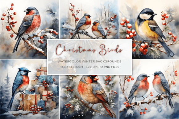 Christmas Birds Watercolor Backgrounds: 12 Festive Digital Assets