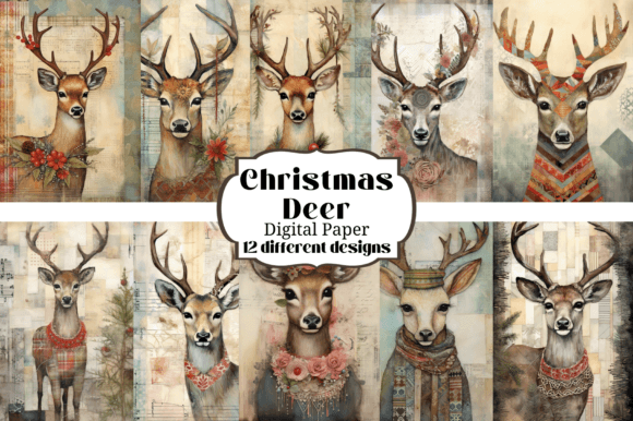 Christmas Deer Junk Journal Backgrounds: 12 Festive Designs